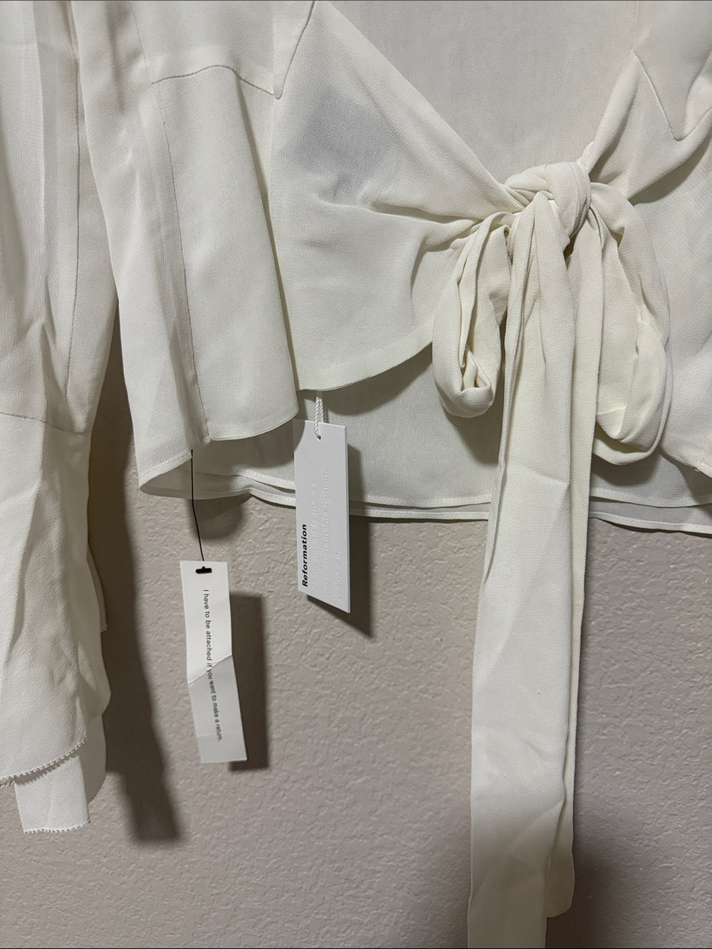 Reformation Ivory Long-Sleeve Tie-Back Ruffle Blouse - Picture 4 of 5